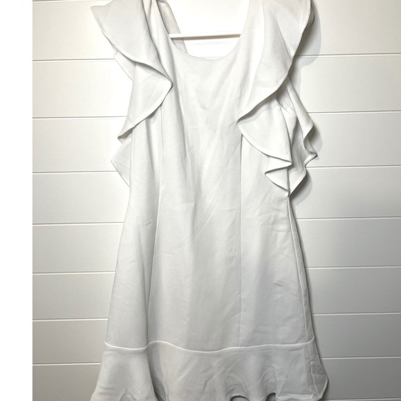 BCBG White Mini Dress Ruffle Flutter Sleeve Cocktail Party Fit Flare NWT - Picture 4 of 13